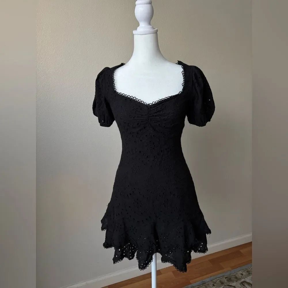 ASTR the Label Black Eyelet Square Neck Puff Sleeve A-Line Mini Dress XS